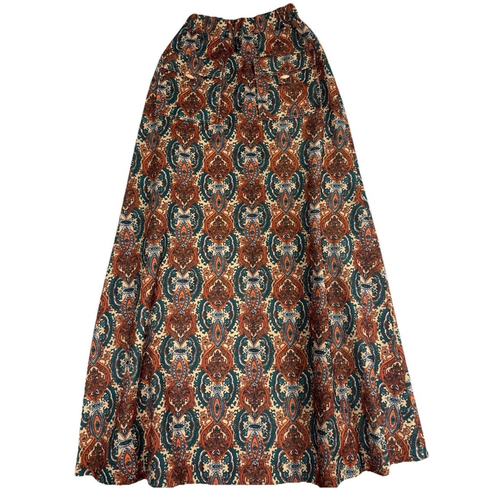 Vtg 70s Henri Boho Maxi Skirt Size 9/10 Brown Paisley Pockets A Line‎ Hippie